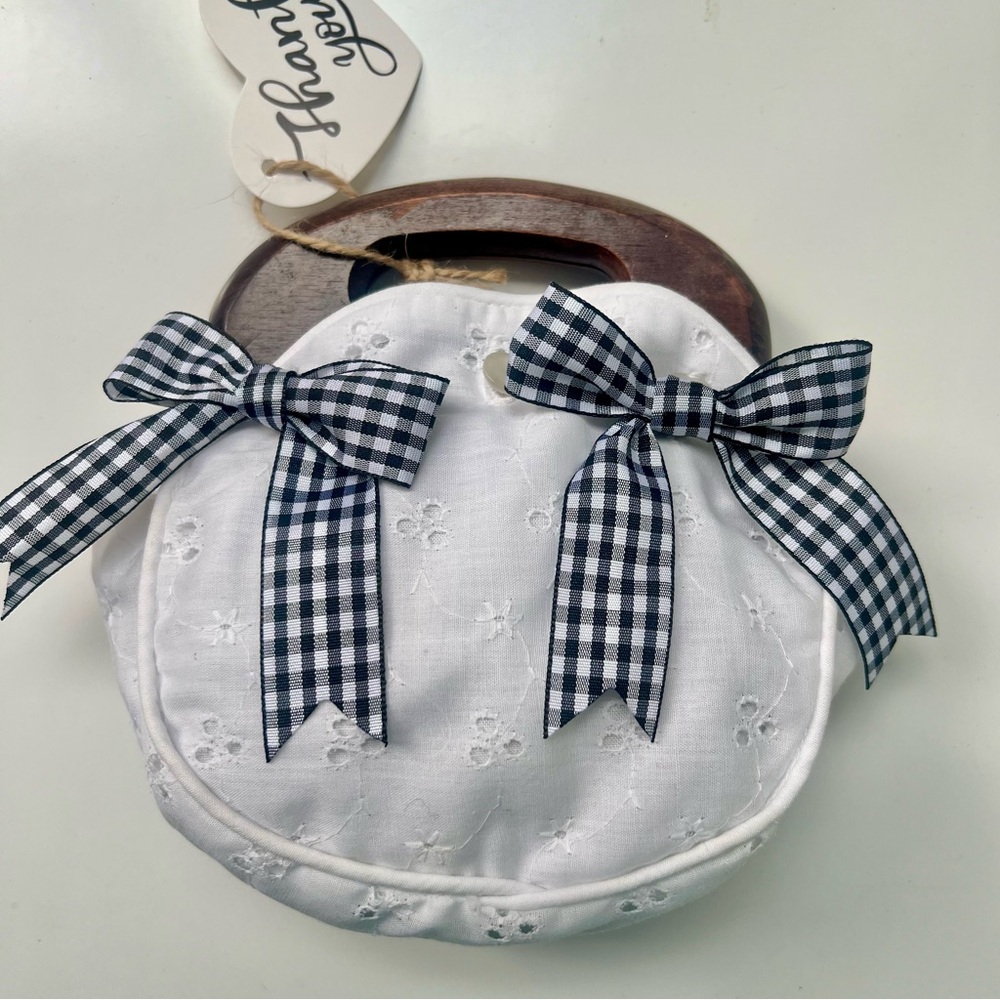 Vintage White Kids Bag with Black Gingham Bows